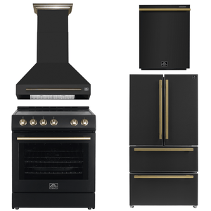 FORNO Espresso Package - 30" Electric Range, Wall Mount Range Hood, 36" Refrigerator with Ice Maker and Dishwasher in Black with Antique Brass Accents, AP4-6012BLK-A15