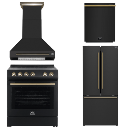 FORNO Espresso Package - 30" Electric Range, Wall Mount Range Hood, 30" Refrigerator and Dishwasher in Black with Antique Brass Accents, AP4-6012BLK-A16
