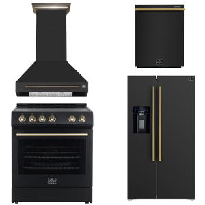 FORNO Espresso Package - 30" Electric Range, Wall Mount Range Hood, 36" Refrigerator with Water and Ice Dispenser and Dishwasher in Black with Antique Brass Accents, AP4-6012BLK-A17