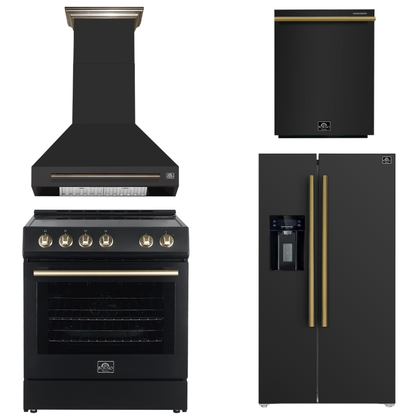 FORNO Espresso Package - 30" Electric Range, Wall Mount Range Hood, 36" Refrigerator with Water and Ice Dispenser and Dishwasher in Black with Antique Brass Accents, AP4-6012BLK-A17