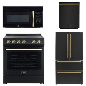 FORNO Espresso Package - 30" Electric Range, Over-The-Range Microwave, 36" Refrigerator with Ice Maker and Dishwasher in Black with Antique Brass Accents, AP4-6012BLK-A9