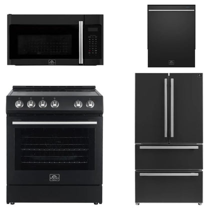 FORNO Espresso Package - 30" Electric Range, Over-The-Range Microwave, 36" Refrigerator with Ice Maker and Dishwasher in Black with Silver Accents, AP4-6012BLK-S12