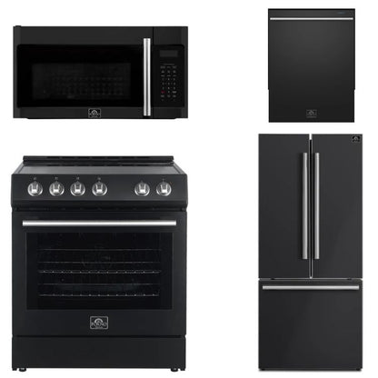 FORNO Espresso Package - 30" Electric Range, Over-The-Range Microwave, 30" Refrigerator with Ice Maker and Dishwasher in Black with Silver Accents, AP4-6012BLK-S13