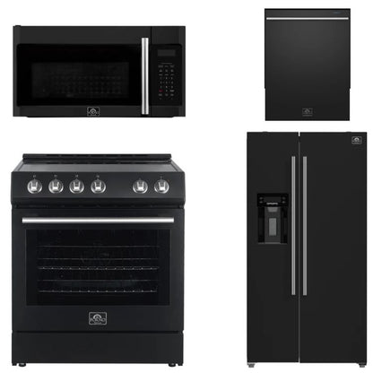 FORNO Espresso Package - 30" Electric Range, Over-The-Range Microwave, 36" Refrigerator with Water Dispenser/Ice Maker and Dishwasher in Black with Stainless Steel Accents, AP4-6012BLK-S14