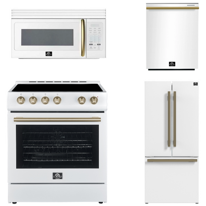 FORNO Espresso Package - 30" Electric Range, Over-The-Range Microwave, 30" Refrigerator with Ice Maker and Dishwasher in White with Antique Brass Accents, AP4-6012WHT-A10