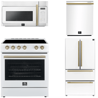 FORNO Espresso Package - 30" Electric Range, Over-The-Range Microwave, 36" Refrigerator with Ice Maker and Dishwasher in White with Antique Brass Accents, AP4-6012WHT-A12