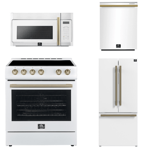 FORNO Espresso Package - 30" Electric Range, Over-The-Range Microwave, 30" Refrigerator with Ice Maker and Dishwasher in White with Antique Brass Accents, AP4-6012WHT-A13