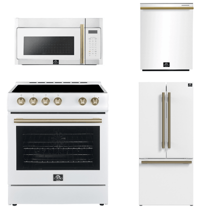 FORNO Espresso Package - 30" Electric Range, Over-The-Range Microwave, 30" Refrigerator with Ice Maker and Dishwasher in White with Antique Brass Accents, AP4-6012WHT-A13