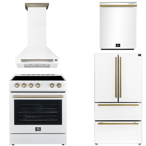 FORNO Espresso Package - 30" Electric Range, Wall Mount Range Hood, 36" Refrigerator with Ice Maker and Dishwasher in White with Antique Brass Accents, AP4-6012WHT-A15