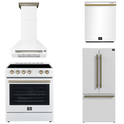 FORNO Espresso Package - 30" Electric Range, Wall Mount Range Hood, 30" Refrigerator and Dishwasher in White with Antique Brass Accents, AP4-6012WHT-A16