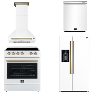 FORNO Espresso Package - 30" Electric Range, Wall Mount Range Hood, 36" Refrigerator with Water and Ice Dispenser and Dishwasher in White with Antique Brass Accents, AP4-6012WHT-A17