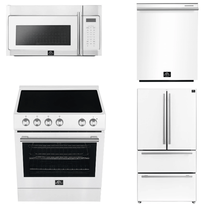FORNO Espresso Package - 30" Electric Range, Over-The-Range Microwave, 36" Refrigerator with Ice Maker and Dishwasher in White with Stainless Steel Accents, AP4-6012WHT-S12