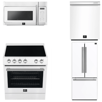 FORNO Espresso Package - 30" Electric Range, Over-The-Range Microwave, 30" Refrigerator with Ice Maker and Dishwasher in White with Stainless Steel Accents, AP4-6012WHT-S13