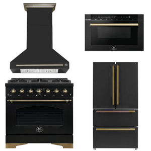 FORNO Espresso Package - 36" Dual Fuel Range, Range Hood, 36" Refrigerator, Microwave in Black with Antique Brass Accents
