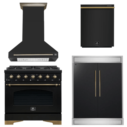FORNO Espresso Package - 36" Dual Fuel Range, Range Hood, 60" Refrigerator, Dishwasher in Black with Antique Brass Accents