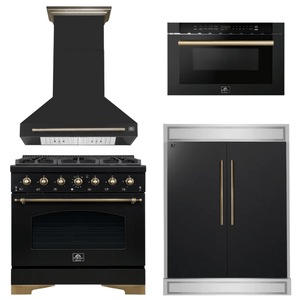 FORNO Espresso Package - 36" Dual Fuel Range, Range Hood, 60" Refrigerator, Microwave in Black with Antique Brass Accents