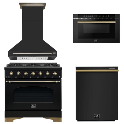 FORNO Espresso Package - 36" Dual Fuel Range, Range Hood, Dishwasher, Microwave in Black with Antique Brass Accents