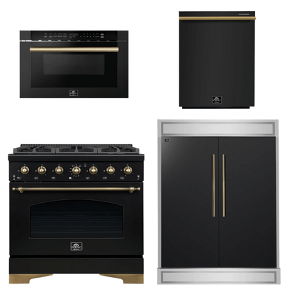 FORNO Espresso Package - 36" Dual Fuel Range, 60" Refrigerator, Dishwasher, Microwave in Black with Antique Brass Accents