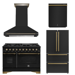 FORNO Espresso Package - 48" Dual Fuel Range, Range Hood, 36" Refrigerator, Dishwasher in Black with Antique Brass Accents