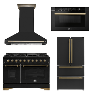 FORNO Espresso Package - 48" Dual Fuel Range, Range Hood, 36" Refrigerator, Microwave in Black with Antique Brass Accents