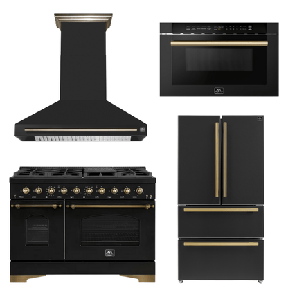 FORNO Espresso Package - 48" Dual Fuel Range, Range Hood, 36" Refrigerator, Microwave in Black with Antique Brass Accents