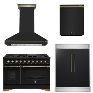 FORNO Espresso Package - 48" Dual Fuel Range, Range Hood, 60" Refrigerator, Dishwasher in Black with Antique Brass Accents