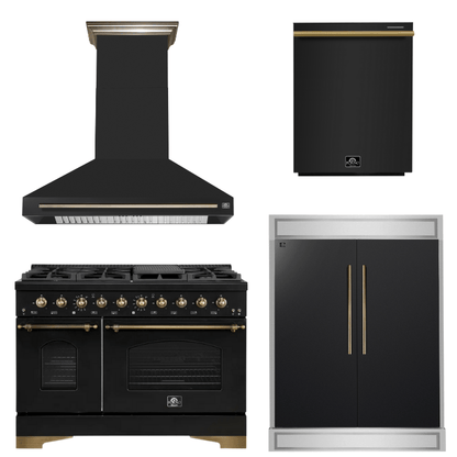 FORNO Espresso Package - 48" Dual Fuel Range, Range Hood, 60" Refrigerator, Dishwasher in Black with Antique Brass Accents