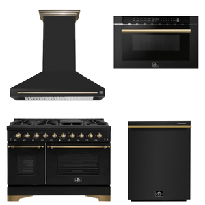 FORNO Espresso Package - 48" Dual Fuel Range, Range Hood, Dishwasher, Microwave in Black with Antique Brass Accents