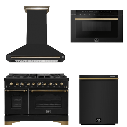 FORNO Espresso Package - 48" Dual Fuel Range, Range Hood, Dishwasher, Microwave in Black with Antique Brass Accents
