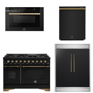 FORNO Espresso Package - 48" Dual Fuel Range, 60" Refrigerator, Dishwasher, Microwave in Black with Antique Brass Accents