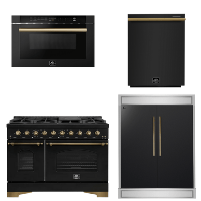 FORNO Espresso Package - 48" Dual Fuel Range, 60" Refrigerator, Dishwasher, Microwave in Black with Antique Brass Accents