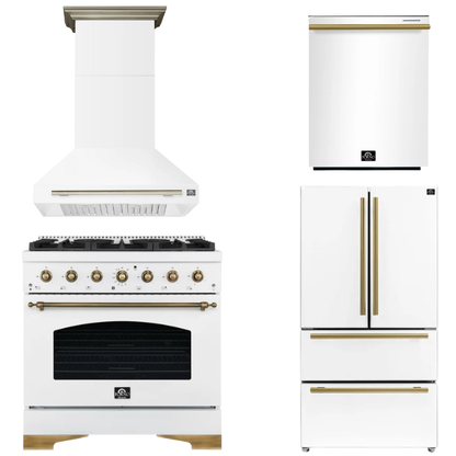 FORNO Espresso Package - 36" Dual Fuel Range, Range Hood, 36" Refrigerator, Dishwasher in White with Antique Brass Accents