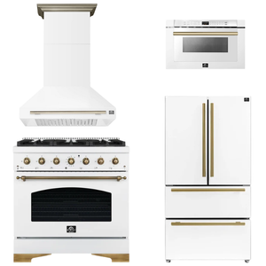 FORNO Espresso Package - 36" Dual Fuel Range, Range Hood, 36" Refrigerator, Microwave in White with Antique Brass Accents