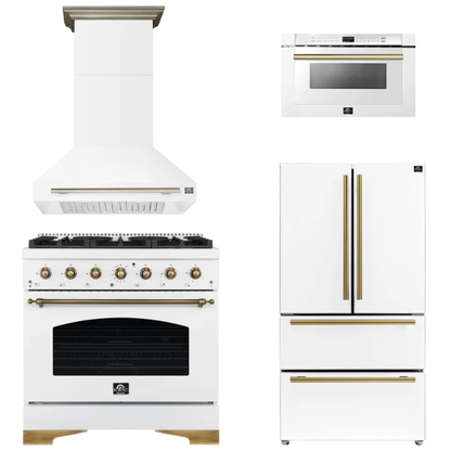 FORNO Espresso Package - 36" Dual Fuel Range, Range Hood, 36" Refrigerator, Microwave in White with Antique Brass Accents