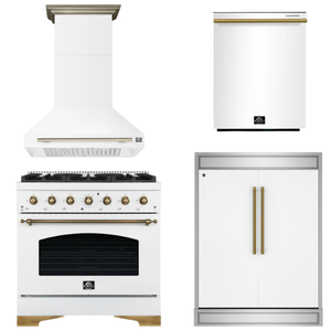 FORNO Espresso Package - 36" Dual Fuel Range, Range Hood, 60" Refrigerator, Dishwasher in White with Antique Brass Accents