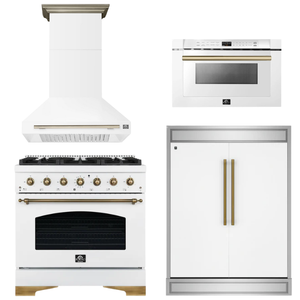 FORNO Espresso Package - 36" Dual Fuel Range, Range Hood, 60" Refrigerator, Microwave in White with Antique Brass Accents