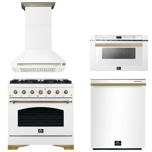 FORNO Espresso Package - 36" Dual Fuel Range, Range Hood, Dishwasher, Microwave in White with Antique Brass Accents
