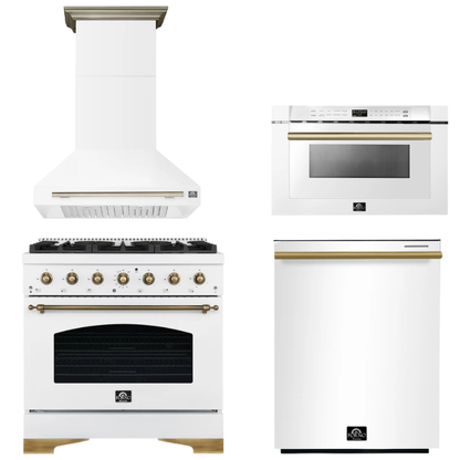 FORNO Espresso Package - 36" Dual Fuel Range, Range Hood, Dishwasher, Microwave in White with Antique Brass Accents