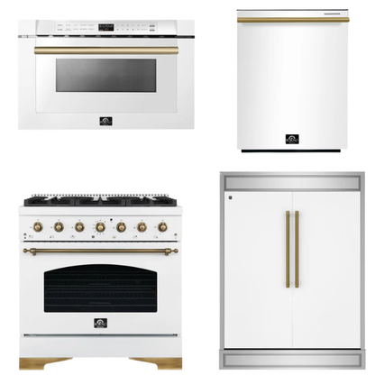FORNO Espresso Package - 36" Dual Fuel Range, 60" Refrigerator, Dishwasher, Microwave in White with Antique Brass Accents