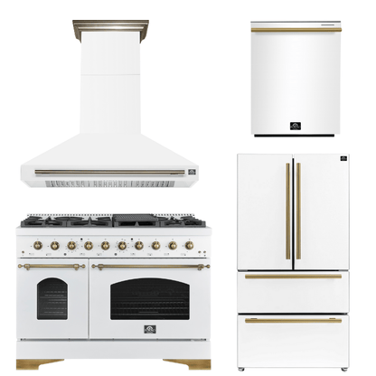 FORNO Espresso Package - 48" Dual Fuel Range, Range Hood, 36" Refrigerator, Dishwasher in White with Antique Brass Accents