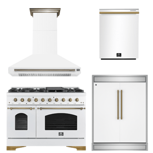 FORNO Espresso Package - 48" Dual Fuel Range, Range Hood, 60" Refrigerator, Dishwasher in White with Antique Brass Accents