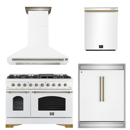 FORNO Espresso Package - 48" Dual Fuel Range, Range Hood, 60" Refrigerator, Dishwasher in White with Antique Brass Accents
