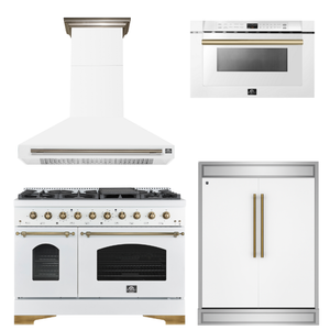 FORNO Espresso Package - 48" Dual Fuel Range, Range Hood, 60" Refrigerator, Microwave in White with Antique Brass Accents