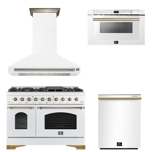 FORNO Espresso Package - 48" Dual Fuel Range, Range Hood, Dishwasher, Microwave in White with Antique Brass Accents