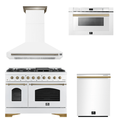 FORNO Espresso Package - 48" Dual Fuel Range, Range Hood, Dishwasher, Microwave in White with Antique Brass Accents