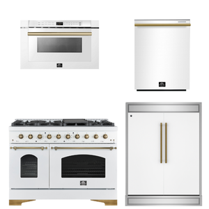 FORNO Espresso Package - 48" Dual Fuel Range, 60" Refrigerator, Dishwasher, Microwave in White with Antique Brass Accents