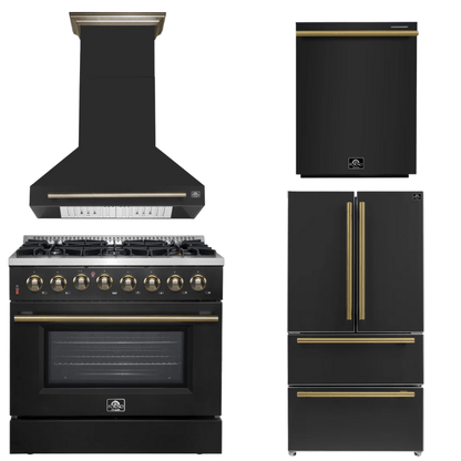 FORNO Appliance Package - 36" Dual Fuel Range, Range Hood, 36" Refrigerator, Dishwasher in Black with Antique Brass Accents