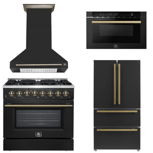 FORNO Appliance Package - 36" Dual Fuel Range, Range Hood, 36" Refrigerator, Microwave in Black with Antique Brass Accents