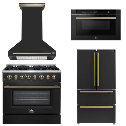 FORNO Appliance Package - 36" Dual Fuel Range, Range Hood, 36" Refrigerator, Microwave in Black with Antique Brass Accents