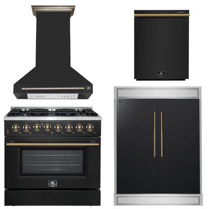 FORNO Appliance Package - 36" Dual Fuel Range, Range Hood, 60" Refrigerator, Dishwasher in Black with Antique Brass Accents